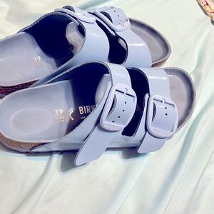 Birkenstock Light Blue Sandals. Patent leather big buckle